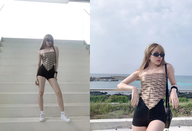 Được mệnh danh là 'Lisa phiên bản Việt', không chỉ giống ở vóc dáng, gương mặt, phong cách thời trang của Thiều Bảo Trâm cũng tương đồng idol Hàn Quốc. Giọng ca 'Cơn mơ ngọt ngào' phối bandana màu be với quần short đen và giày sneaker trắng. 