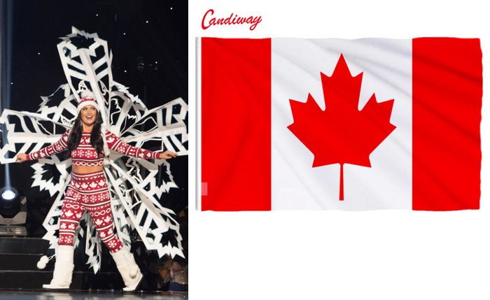 Bộ trang phục có hình ảnh lá phong đỏ, đây cũng chính là biểu tượng trên quốc kỳ của đất nước bắc Mỹ Canada. Nhưng bạn có dám chắc là sẽ bận tâm tới văn hóa nước này khi xem Hoa hậu Hoàn vũ Canada trình diễn.
