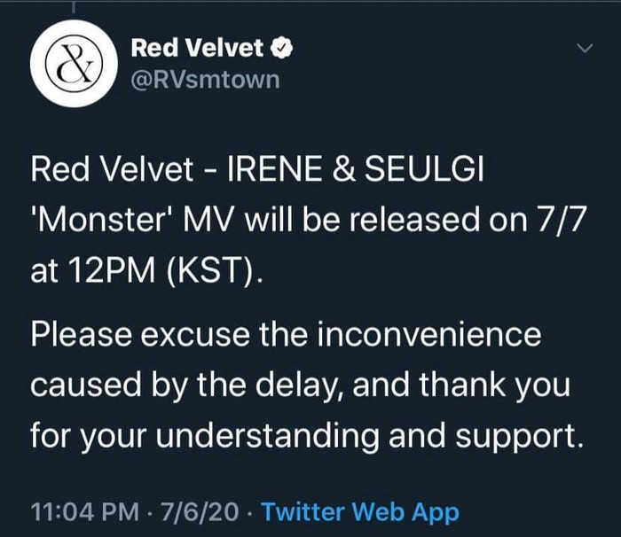 Twitter chính thức của Red Velvet đăng tải lịch dời MV và gửi lời xin lõi đến fan.