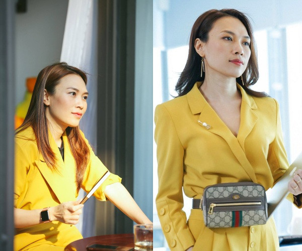 Chỉ cần chiếc túi beltbag của Gucci, bộ suit vàng của nữ ca sĩ đã được biến hóa hoàn hảo. 