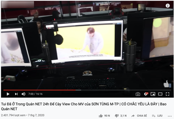 Đoạn video có nội dung ở trong quán nét 24h để cày view cho MV mới của Sơn Tùng có hơn 2,4 triệu lượt xem. (Ảnh chụp màn hình)