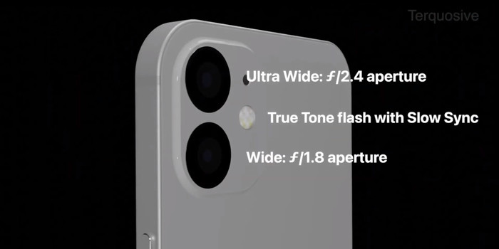 Chiếc iPhone 12 concept sẽ được trang bị 1 camera góc siêu rộng f/2.4, 1 camera góc rộng f/1.8 và 1 đèn flash LED được đặt ngay khoảng giữa. (Ảnh: Studioless Creator)