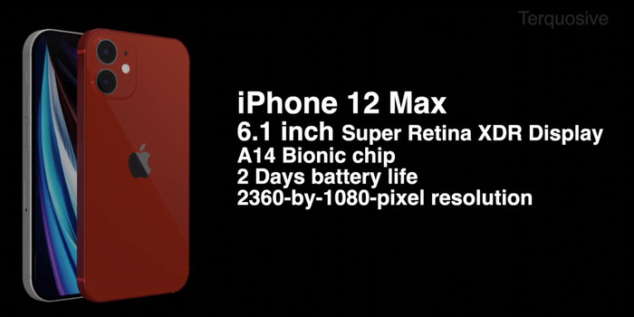 Trong khi đó, mẫu iPhone 12 Max sẽ có kích thước 6.1 inch, trang bị màn hình Super Retina XDR Display, chip A14 Bionic tích hợp nhân Neutral Engine thế hệ 4, và có thời lượng pin lên đến 2 ngày sử dụng. (Ảnh: Studioless Creator)