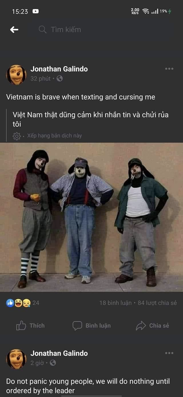 Tài khoản có tên Jonathan Galindo khen netizen Việt Nam dũng cảm. (Ảnh: Facebook)