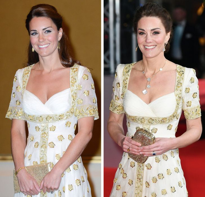 Kate từng mặc chiếc váy này ở Malaysia vào năm 2012. Đến năm 2020, cô mặc lại nó đến sự kiện BAFTA với phần tay áo được bóp nhỏ và phụ kiện khác nhau. 