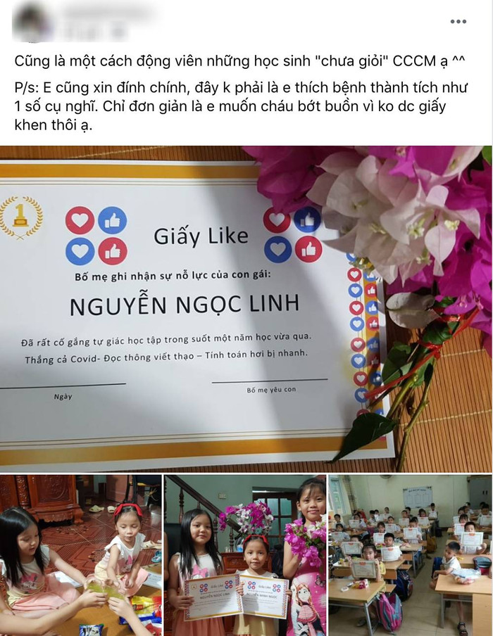 Một phụ huynh đã sáng tạo ra 'giấy like' để động viên con