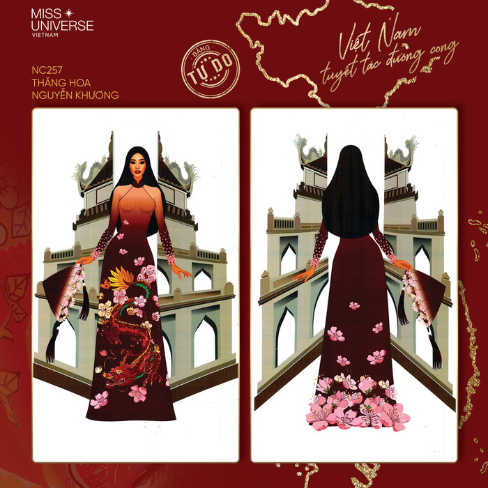 'Thăng hoa' là thiết áo dài nền nã kết hợp với họa tiết hoa đào cách điệu cùng hình tượng rồng thiêng tạo ra nên tổng thể về sự thăng hoa chuyển mình của dân tộc. Trang phục đi kèm phụ kiện cánh cửa được mô phỏng lại hình ảnh tháp rùa.