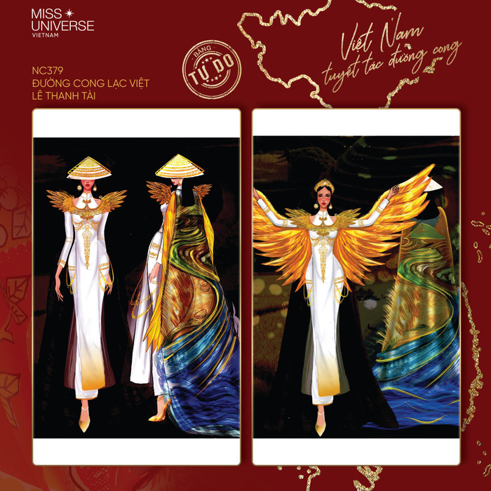 Điểm nhấn trên chiếc áo dài trắng 'Đường con Lạc Việt' là họa tiết ánh kim của nền văn minh Âu Lạc, đậm nét uy quyền, đồng thời cách điệu tà trước, sau để khoe trọn đường cong quyến rũ.