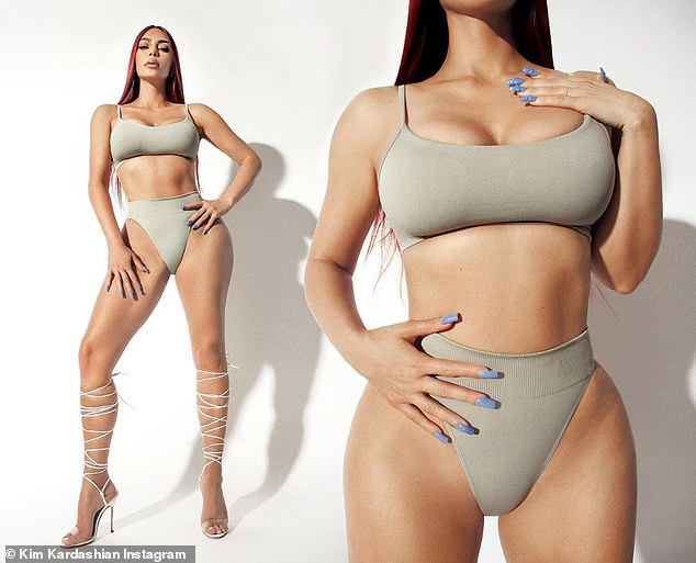 Đôi cao gót quấn dây bắp chân chằng chịt được buộc điệu nghệ và là điểm nhấn trong xuyên suốt loạt hình mà Kim chụp cho thương hiệu nội y của mình 