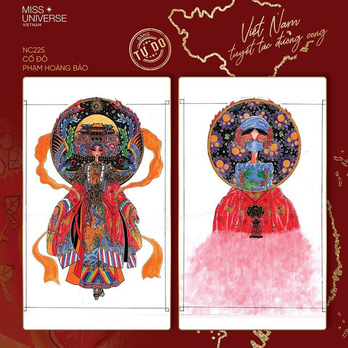 Điểm trừ lớn nhất của thiết kế 'Cố đô' chính là phối màu không tạo được cảm giác uy nghiêm, đồ sộ mà còn rất rối mắt. Đây là thiết kế không dành cho Khánh Vân vì 'vi phạm' tiêu chí số 1 là tôn vinh nét đẹp ở đường cong.&nbsp;