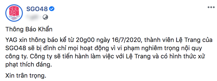 Thông báo từ phía công ty chủ quản sẽ đình chỉ mọi hoạt động của thành viên Lệ Trang.