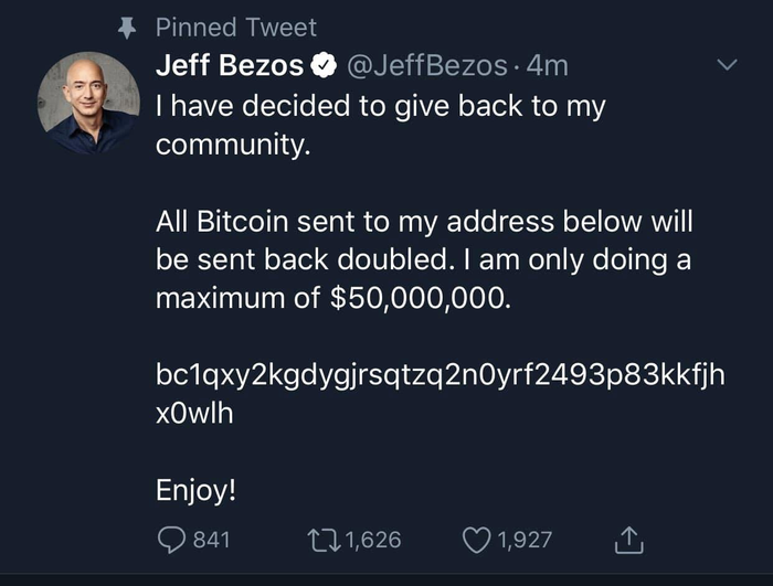 Các tài khoản bị hacker chiếm quyền điều khiển đều đăng tải các tweet với cùng một nội dung quảng bá cho một ví Bitcoin. (Ảnh: Twitter)