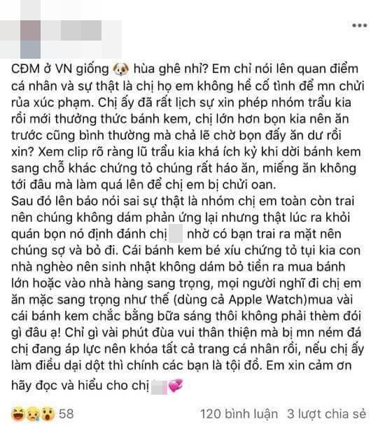 Em họ cô nàng lên tiếng bênh vực. 
