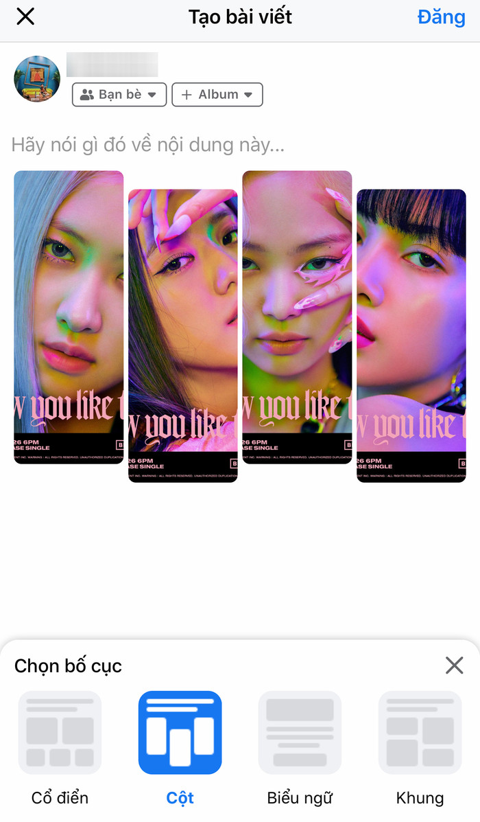 - Layout dạng cột: Bố cục dạng cột mang đến trải nghiệm vô cùng mới mẻ và độc đáo. Các hình ảnh được cắt theo các khung hình chữ nhật, gồm 4 cột được sắp xếp so le nhau. Tuy vậy, layout này khiến các hình ảnh đều bị phóng to và dễ gây vỡ hình.