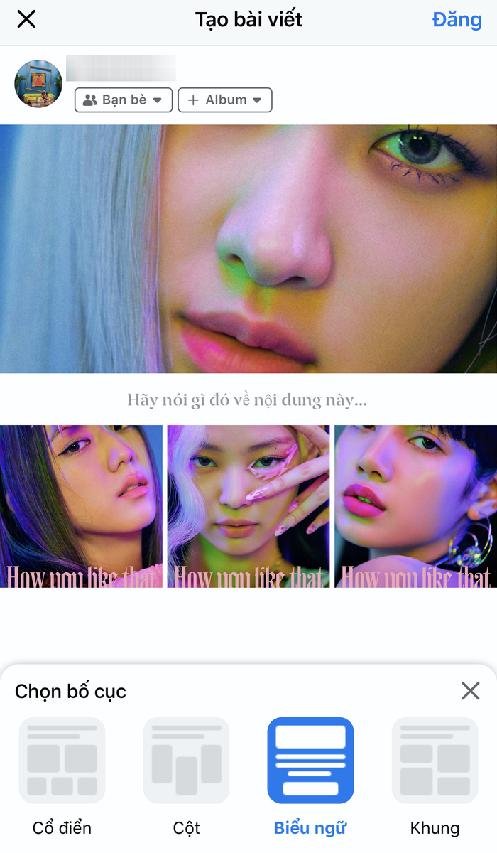 - Bố cục dạng banner: Kiểu layout này tương tự bài đăng trên trang web, gồm hình ảnh đầu tiên với kích thước lớn như tấm ảnh bìa, ngay dưới là đoạn thông điệp mà người dùng muốn chia sẻ. Bên dưới thông điệp của người dùng là những hình ảnh với kích thước nhỏ hơn, tương tự như những hình ảnh minh hoạ trong một bài viết.