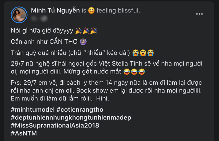 Minh Tú mừng khôn xiết khi nhận được thông tin cứu trợ. Người đẹp sẽ lên máy bay về nước vào ngày 29/7 sau thời gian dài kẹt lại Indonesia. Đáp chuyến bay về Việt Nam, người đẹp sẽ được đưa đi cách ly trong vòng 14 ngày theo quy định trước khi hòa nhập cộng đồng.