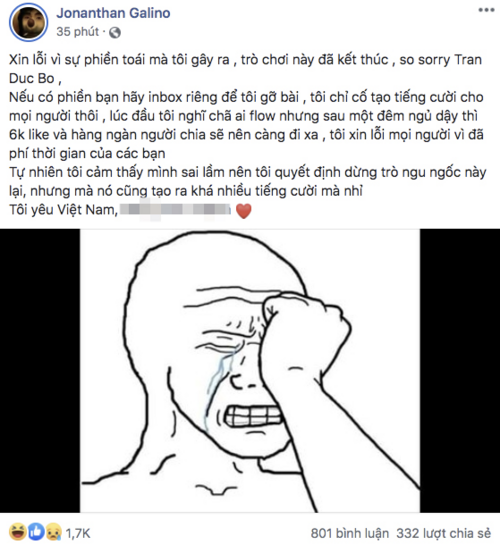 Tuy nhiên, sau đó không lâu, trang cá nhân tự nhận là của Jonathan Galindo này đã xuất hiện bài đăng bằng tiếng Việt khá rành mạch. (Ảnh: Facebook)