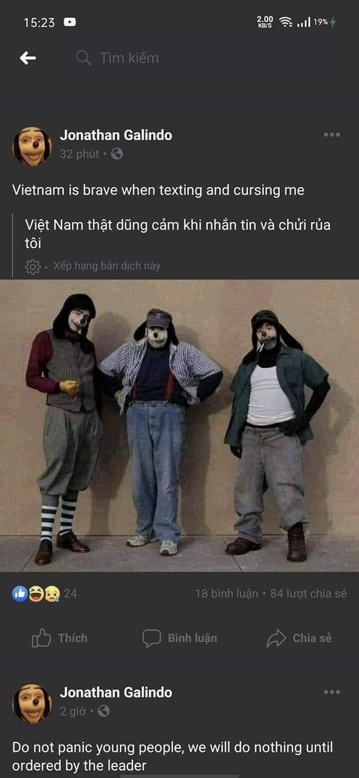 Tài khoản có tên Jonathan Galindo khen netizen Việt Nam dũng cảm. (Ảnh: Facebook)