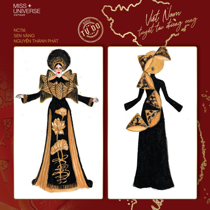 Điểm nổi bật nhất của thiết kế 'Sen vàng' nằm ở việc đính kết những chiếc nón lá thành biểu tượng bản đồ Việt Nam. 