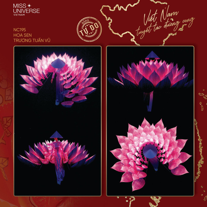 Không cần phải sử dụng quá nhiều hình tượng chiếc nón, nhưng 'Hoa sen' lại là một trong những ứng cử viên gần như chắc suất Top 16 khi đi đúng đề tài và hiệu ứng vô cùng hút mắt. 