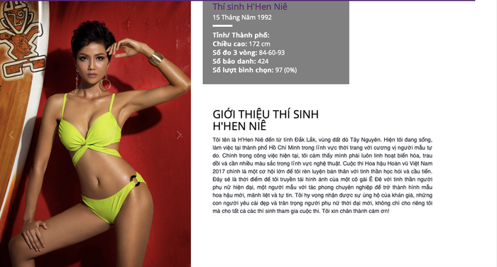 Chỉ số hình thể của H'Hen Niê được 'niêm yết' trên trang chủ cuộc thi. 