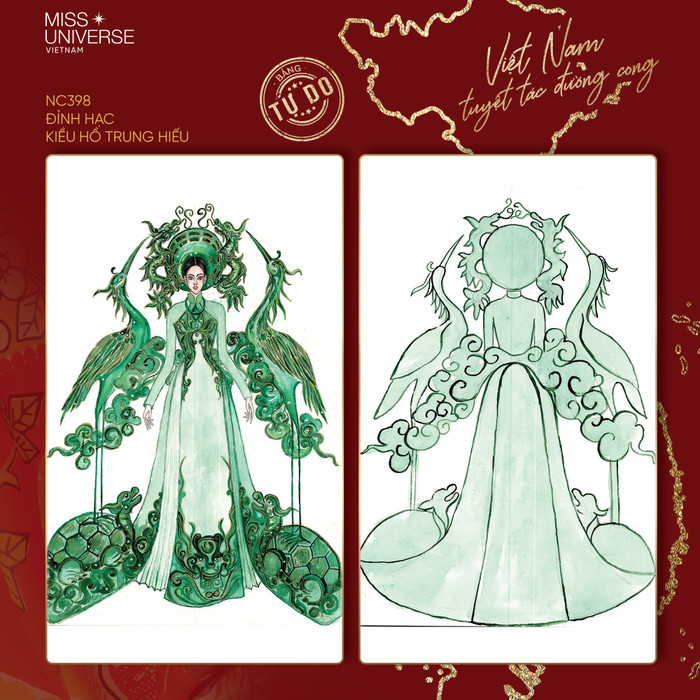 'Đỉnh hạc' lấy ý tưởng kết hợp từ bộ lư hương, là biểu tượng của sự linh thiêng trong văn hóa thờ cúng của người Việt. Kết hợp hài hòa với màu men ngọc của gốm Bát Tràng trứ danh, trên nền áo dài cùng tông màu. Tạo nên một tác phẩm vừa đậm chất Á Đông, vừa có tính thời đại, lại hài hòa về màu sắc.