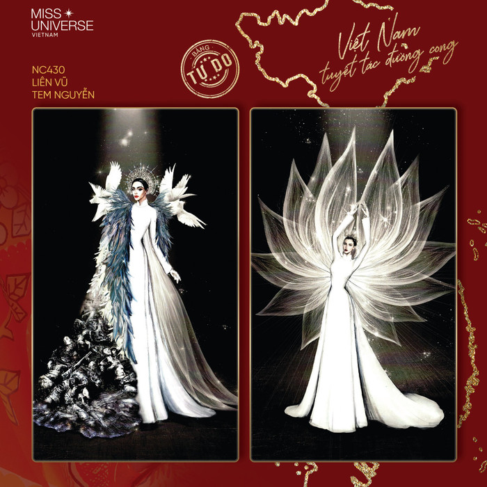 Bên cạnh thông điệp thời trang ý nghĩa, yếu tố trình diễn cũng được tác giả cân nhắc sáng tạo. Theo đó, khi Khánh Vân bước ra giữa sân khấu hô vang 'Việt Nam' với hình ảnh chiếc áo choàng che kín. Người đẹp sẽ xoay lưng về phía khán giả để giới thiệu bức tranh về lịch sử Việt Nam hào hùng. Sau đó, chiếc áo choàng được trút xuống để lộ ra đóa hoa sen đang khép phía sau lưng. Những cánh hoa sẽ dần được hé nở và uyển chuyển đong đưa cùng với động tác trình diễn của Khánh Vân.