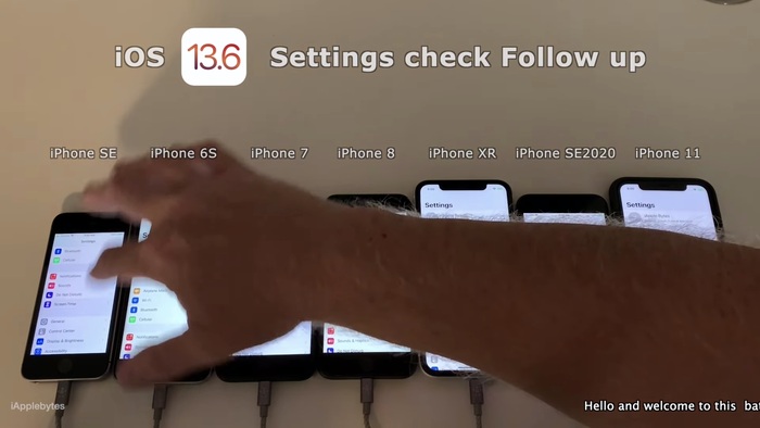 7 model iPhone gồm iPhone SE 2016, iPhone SE 2020, iPhone 6s, iPhone 7, iPhone 8, iPhone XR và iPhone 11 được thử nghiệm thời lượng pin khi chạy iOS 13.6. (Ảnh: iAppleBytes)