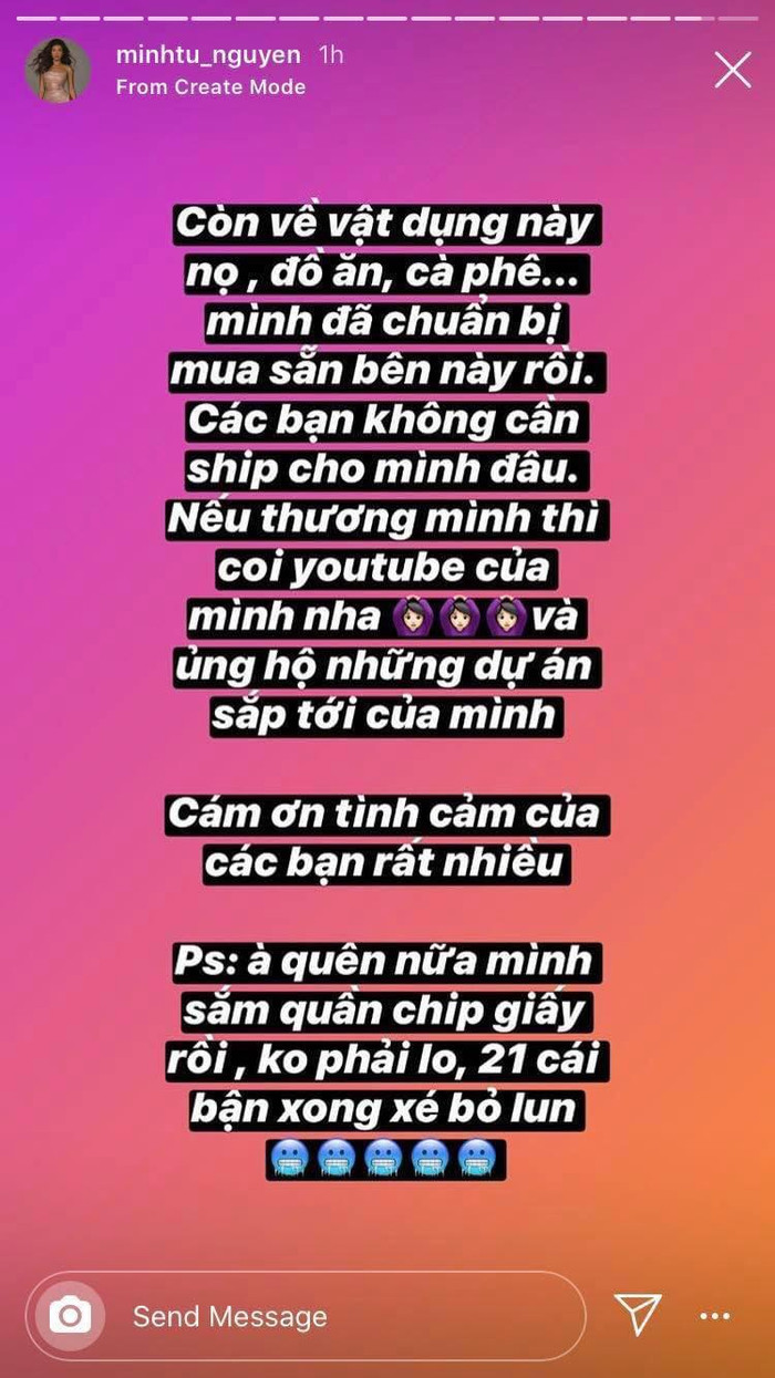 Cô nàng cũng cho biết đã chuẩn bị hết vật dụng, sẵn sàng cho khoảng thời gian cách ly sắp tới.