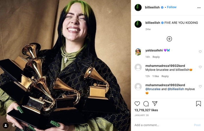 Ngày 27/1 vừa qua, Billie Eilish đã chiến thắng tới 5 giải Grammy ngay năm đầu tiên cô tham dự giải. Cô nàng cũng là nữ nghệ sĩ duy nhất, trẻ nhất làm được điều này.