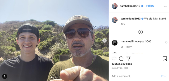 Ngày 23/8/2019, Tom Holland đăng bức ảnh leo núi cùng Robert trên Instagram cùng dòng chú thích: 'Chúng ta làm được rồi chú Stark' - giống câu thoại của hai nhân vật Spider Man và Iron Man trong Avengers: Endgame. Tính đến thời điểm hiện tại, bức ảnh đã nhận được hơn 13 triệu lượt thích.