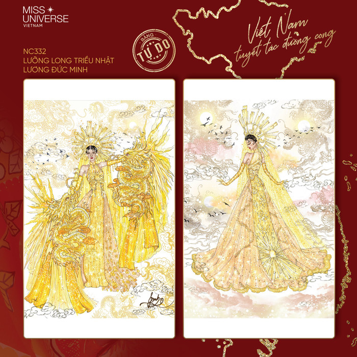 “Lưỡng long triều Nhật' lấy cảm hứng từ những bức chạm trổ, điêu khắc hình rồng trong các mái đình, mái chùa cổ của Việt Nam. Rồng từ lâu là linh vật chỉ dành cho phái mạnh nhưng phong trào nữ quyền, bình đẳng giới đã khiến cho hình ảnh con rồng thân quen hơn với người phụ nữ. Màu vàng chủ đạo, được cách tân, phần mấn được thiết kế cầu kì với hình mặt trời và điểm nhấn là tay áo hình con rồng với phần vải voan rũ xuống mang lại vẻ đẹp rực rỡ, quyền lực, đề cao tinh thần nữ quyền và sức mạnh của phụ nữ nhưng không kém phần mềm mại, tinh tế.