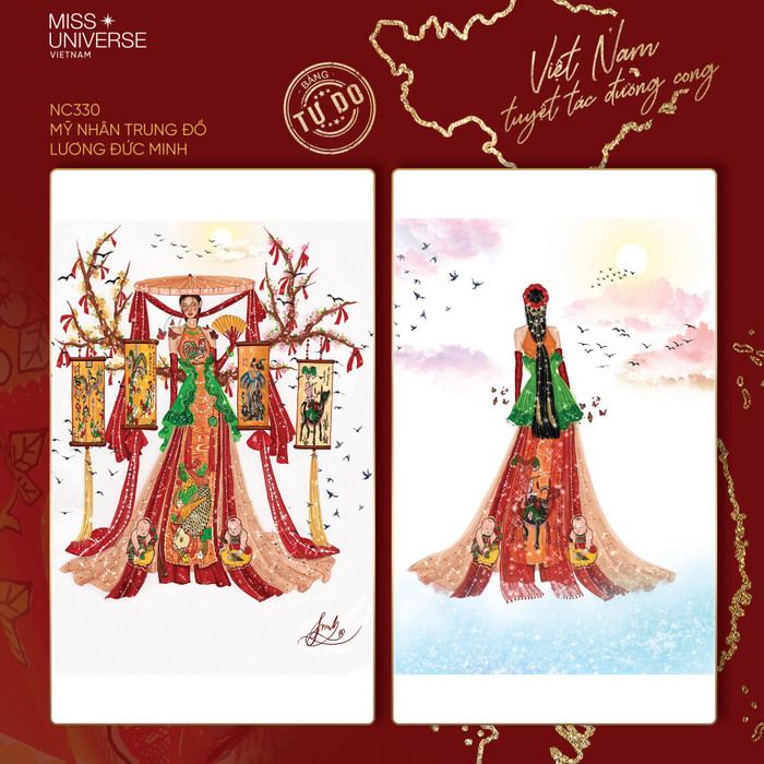 'Mỹ nhân Trung Đồ' được lấy cảm hứng từ tranh Đông Hồ. Từ lâu, đây là nét văn hóa đặc sắc của dân tộc Việt Nam, qua các bức tranh như “Thiên Hạ Thái Bình”, “Chăn trâu”, “Vinh hoa phú quý” kết hợp với áo dài cách tân, nón quai thao truyền thống cùng với gam màu sáng cùng nhau hòa quyện với họa tiết tranh làm cho bộ trang phục thêm phần kiêu sa, lộng lẫy. Những bức tranh Đông Hồ trên phần váy đã tôn lên vẻ đẹp của một người phụ nữ Việt Nam cùng với nét đẹp mơ mộng, kì ảo như “Người đẹp trong tranh”, vừa tinh tế, dịu dàng và sang trọng, hiện đại nhưng không đánh mất đi bản sắc văn hóa dân tộc.