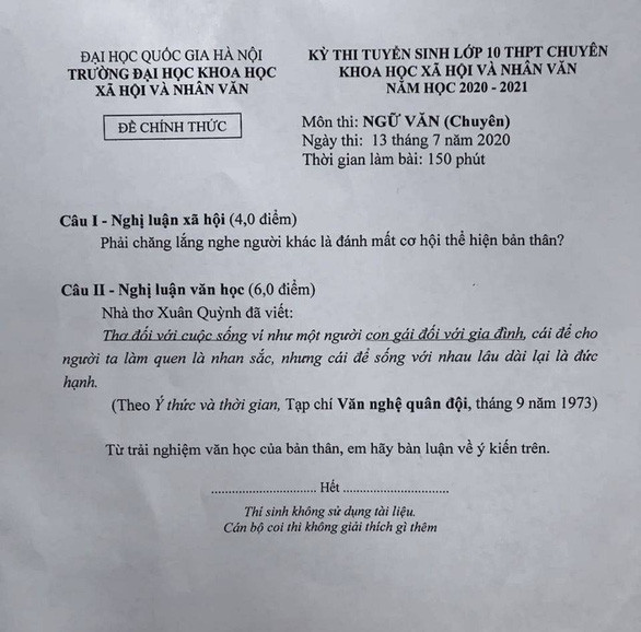 Đề thi vào lớp 10 chuyên Văn gây tranh cãi.&nbsp;