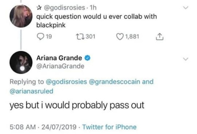 Ariana Grande từng nhắc đến việc hợp tác cùng BlackPink vào năm ngoái.