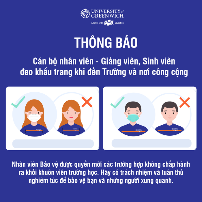 Thông báo nhấn mạnh, nhân viên bảo vệ có quyền mời những trường hợp không chấp hành quy định mang khẩu trang ra khỏi khuôn viên trường học