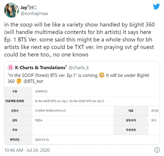 'In The Soop sẽ được triển khai bởi Big Hit 360 - một bộ phận đa phương tiện phát triển truyền thông cho các nghệ sĩ thuộc Big Hit. Tại đây có viết 'Tập 1 phiên bản BTS', có nghĩa show này còn có sự tham gia của những nghệ sĩ khác như TXT' - Một fans hâm mộ chia sẻ.