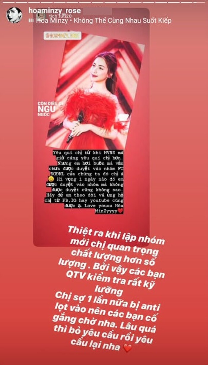 Fan buồn bã vì không được duyệt vào group FC, Hòa Minzy giải thích: 'Chị quan trọng chất lượng hơn số lượng' Ảnh 6