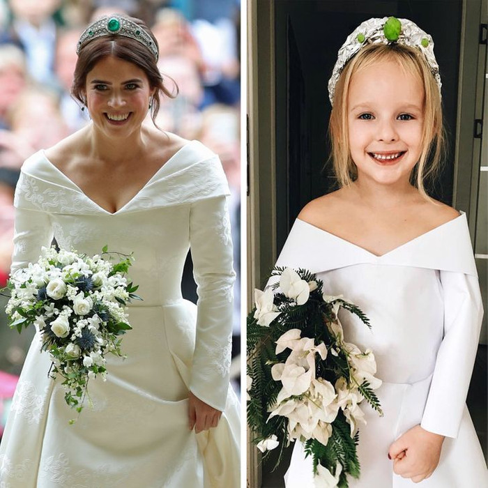 Ngồi ở nhà cũng được làm công chúa. Cô bé 6 tuổi được mẹ cho diện váy cưới và đeo bờm hệt như công chúa Eugenie. 
