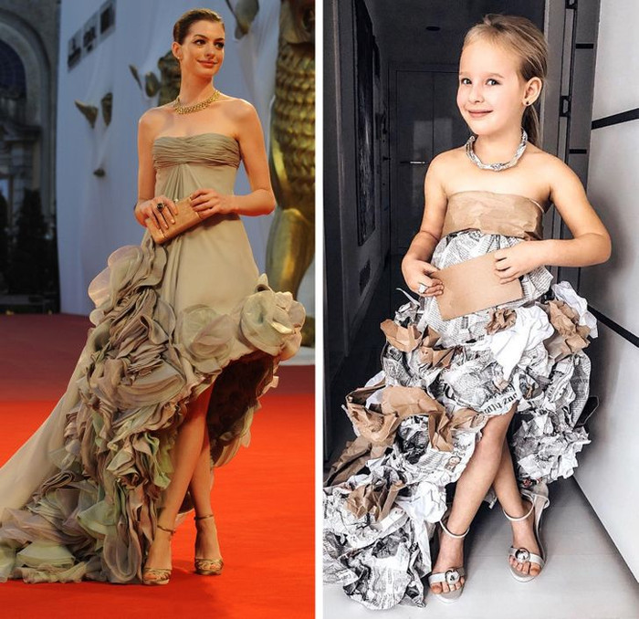 Bộ váy làm từ giấy báo của cô bé cá tính chẳng kém váy ngàn đô của Anne Hathaway.