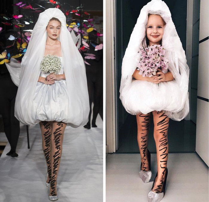 Váy và giày của Gigi Hadid làm từ túi bóng còn quần tất chỉ cần quẹt vài đường bút dạ là xong. 