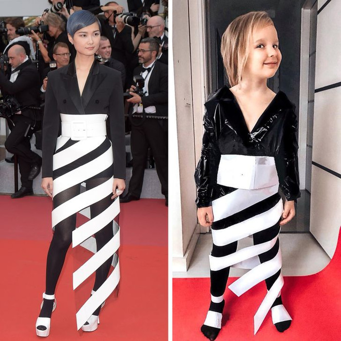 Phần áo vest của Li Yuchun được tái hiện bằng túi bóng đen còn chi tiết trắng được cắt từ giấy A4. 