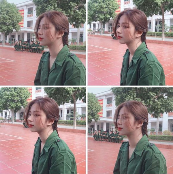 Có thể thấy, dù chỉ khoác lên mình bộ quân phục có vẻ rộng so với ngoại hình cô bạn , cộng thêm phải phơi nắng phơi gió, bụi bặm nhưng vẫn toát lên nhan sắc cực phẩm.