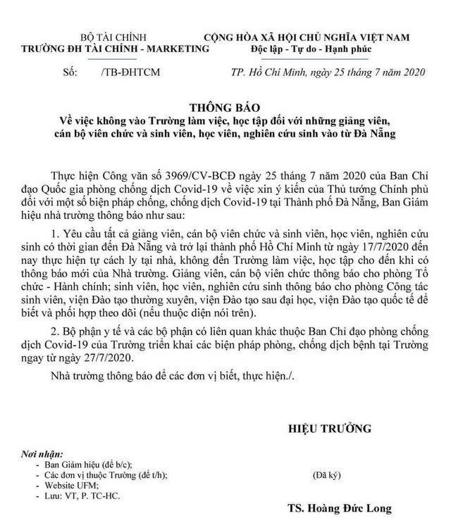 ĐH &nbsp;Tài chính - Marketing ra thông báo cho sinh viên và giảng viên nhà trường