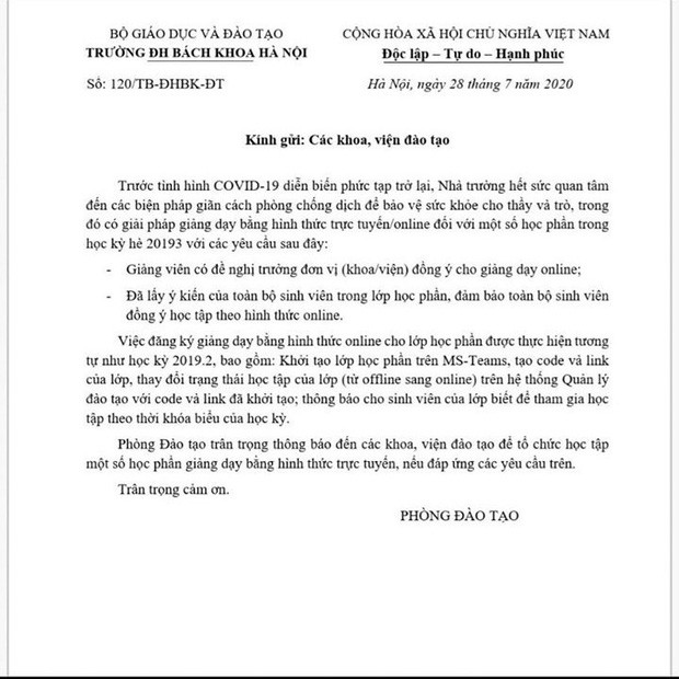 Thông báo của đại học bách khoa Hà Nội