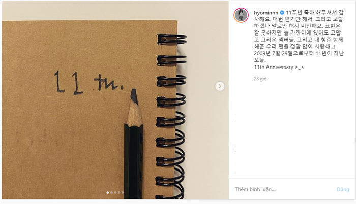 Hyomin đăng tải kèm chữ viết tay 11th.
