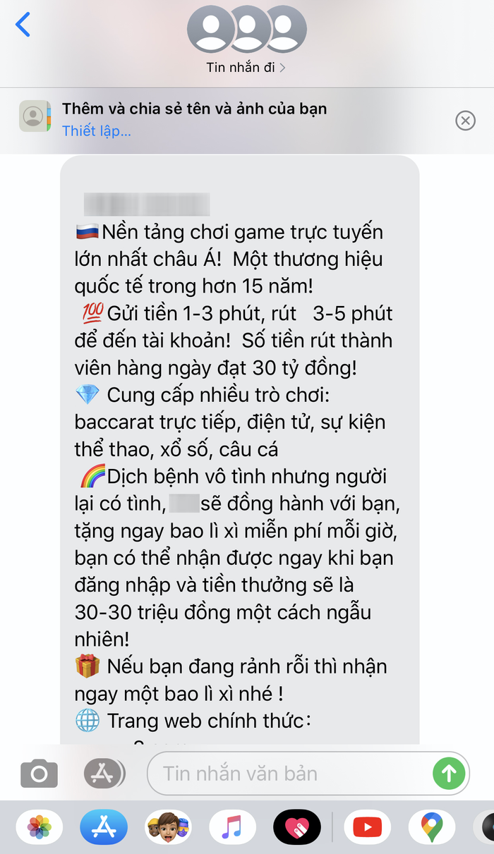 Nội dung của tin nhắn được gởi từ trang quảng cáo cá cược.