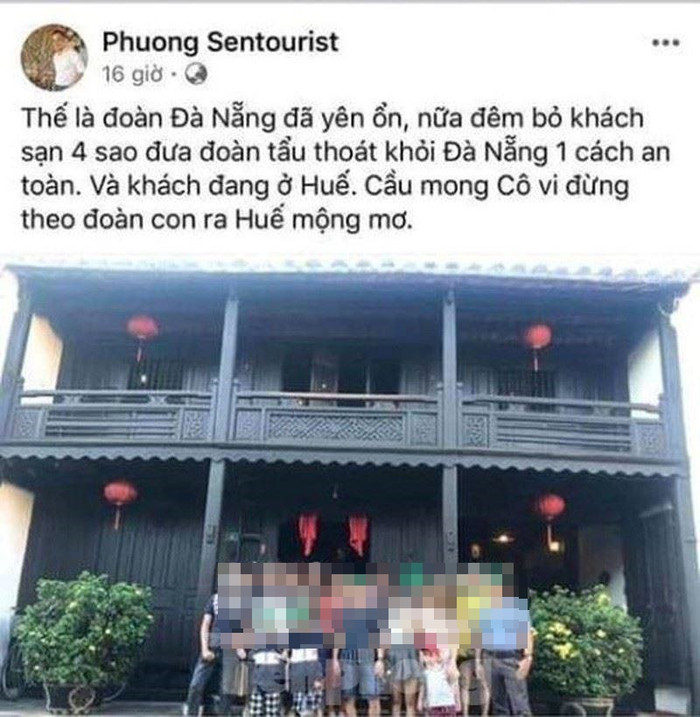 Hình ảnh được Võ Hồng Phương đăng tải trên trang Facebook khoe việc đưa đoàn khách du lịch từ Đà Nẵng ra Huế trốn cách ly.