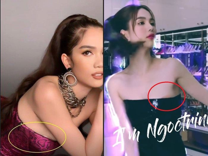 Ngọc Trinh lại rất nhiều lần để lộ miếng dán ngực khi mặc váy cúp ngực. Dẫu chỉ là một chi tiết nhỏ thôi nhưng CĐM cũng có thể soi ra được những lần cô nàng để lộ như vậy. Mỗi lần cô nàng diện đầm quây cúp ngực thì thường kéo quá thấp, đó chính là nguyên nhân xảy ra việc thường xuyên lộ miếng dán ngực như vậy. 