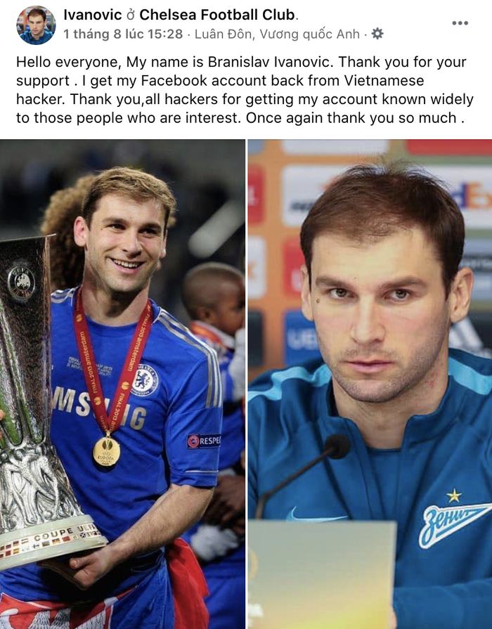 Thông báo đã lấy lại Facebook của Branislav Ivanovic chiều hôm 1/8.